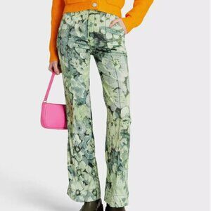 GANNI Sexy Rocker Green Floral Print Crepe High Rise Bootcut Pants Size 38